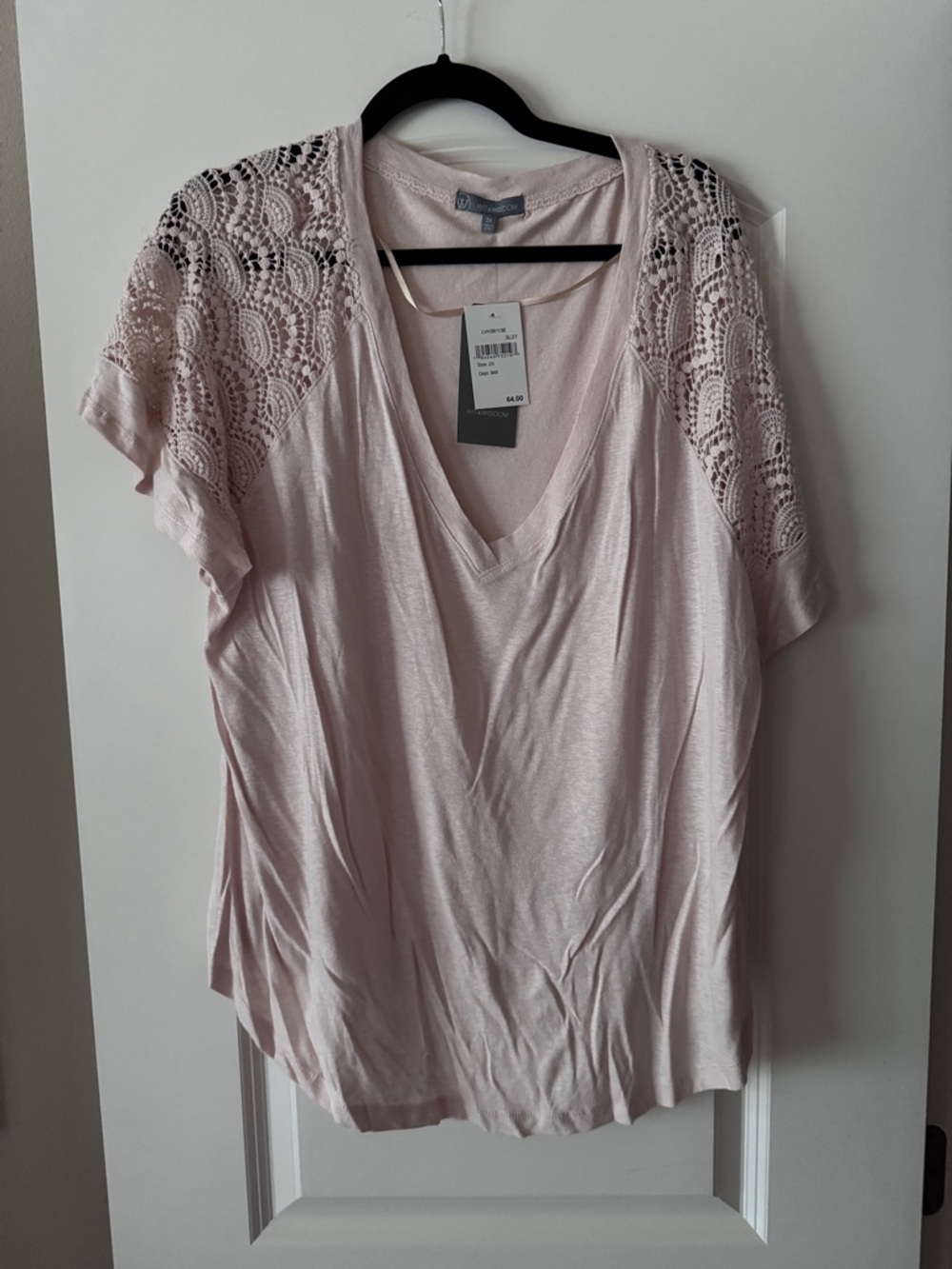 Wit & Wisdom Lace-Shoulder V-Neck Tee — Light Pink